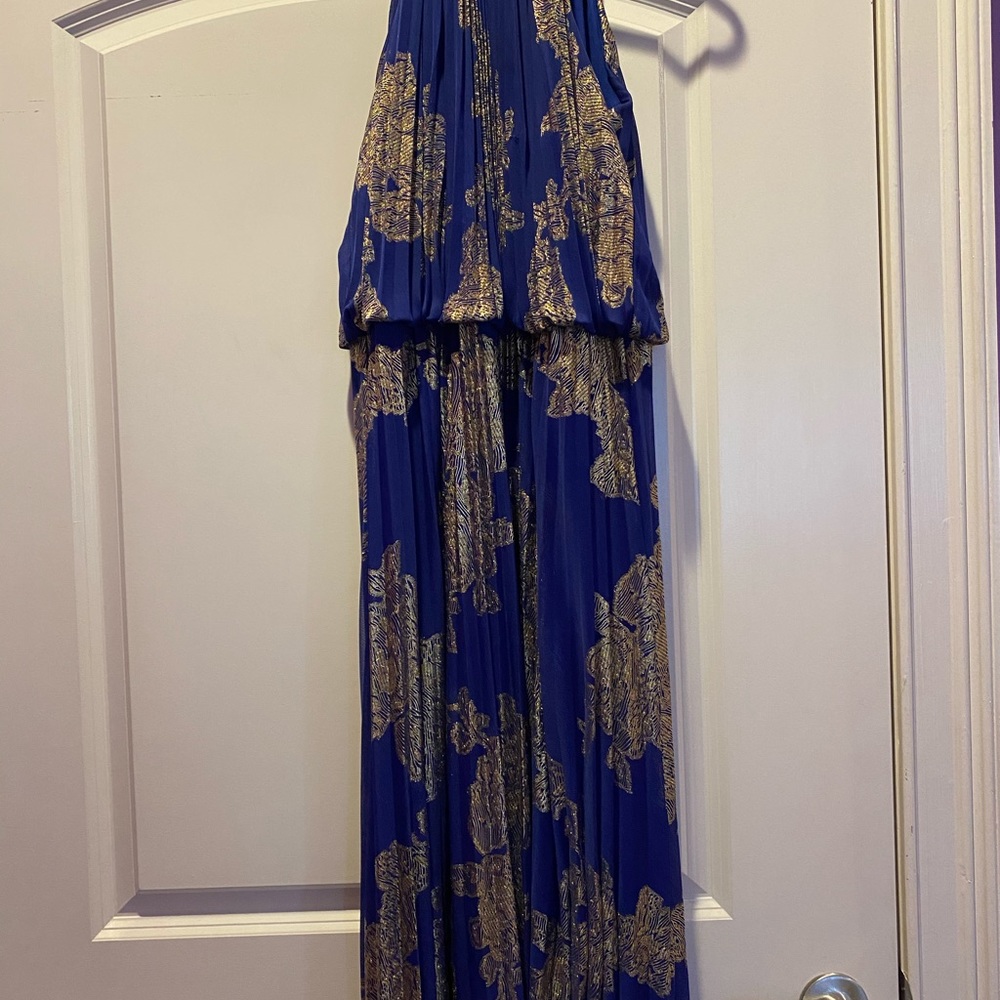 Blue & Gold Pleated Metallic Halter Evening Gown